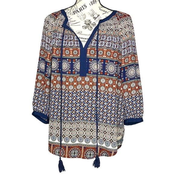 Daniel Rainn (S) Wilcox Tie Neck Blouse - Stitch Fix 3/4 Sleeve Tassel Boho Top - Picture 1 of 12
